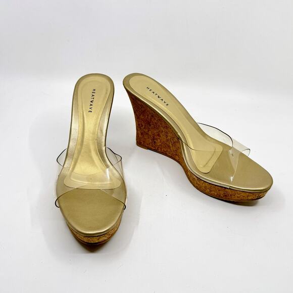 HEATWAVE Transparent Strap Cork Wedge Heels - Picture 1 of 8